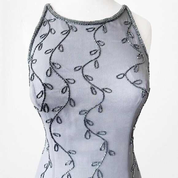 Vintage Gray Floral Beaded Silk Fit Flared Maxi Formal Prom Dress Size M - Picture 5 of 8